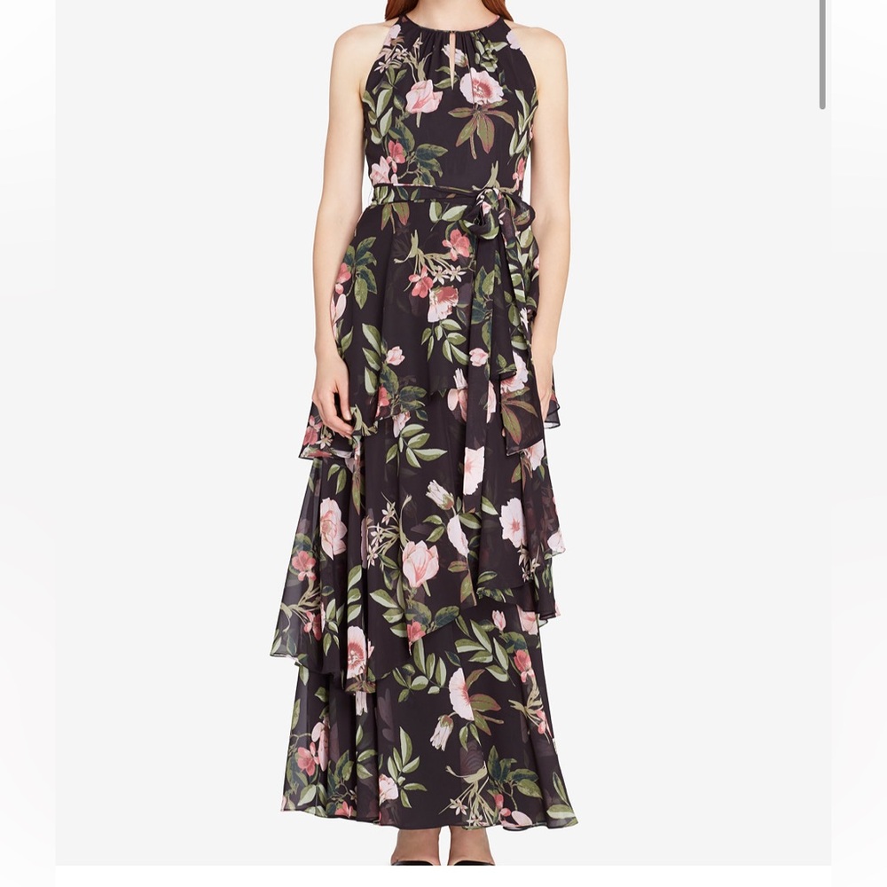 Tahari ASL Black and Pink Wrap Maxi Dress